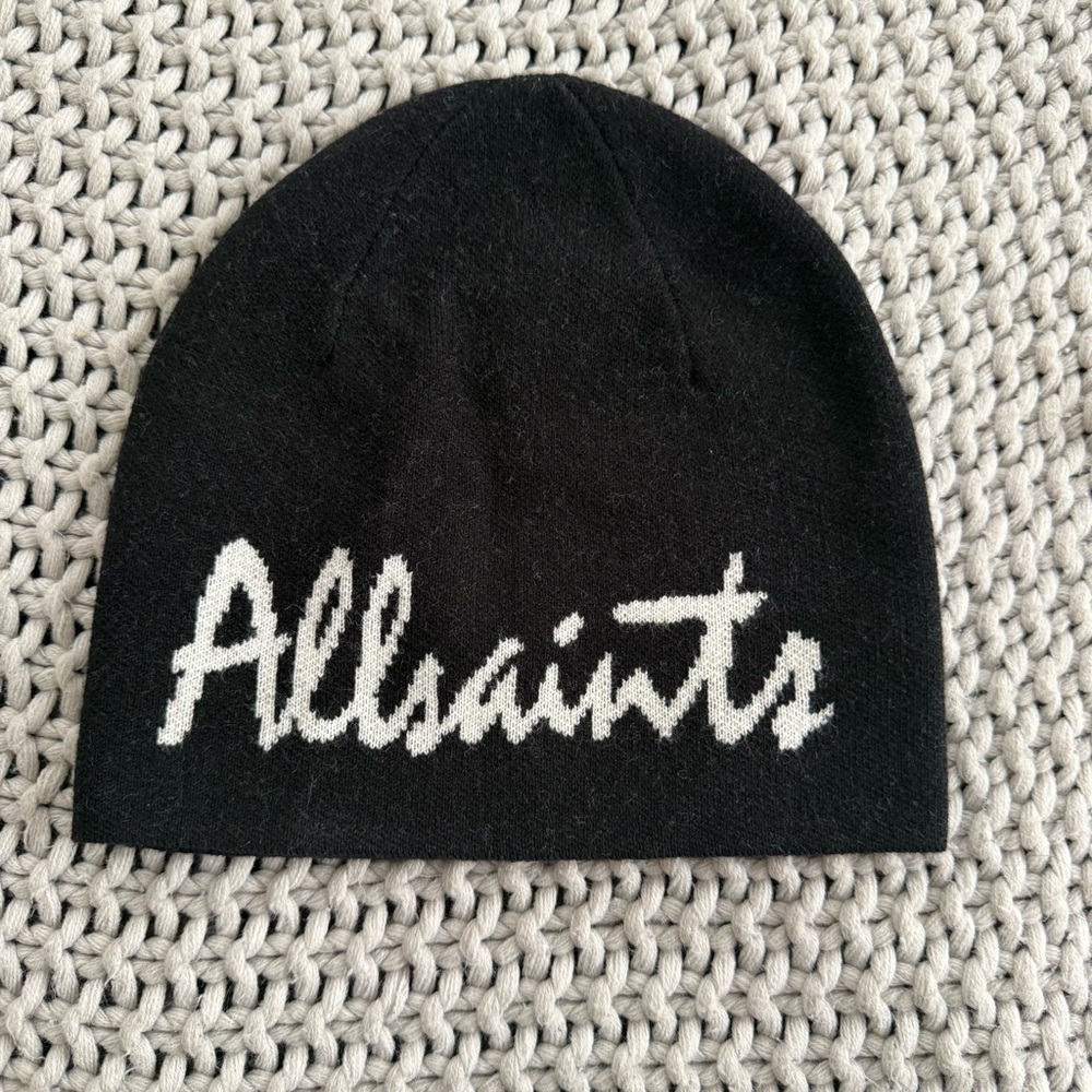 All Saints Logo Jacquard Wool Blend Black Beanie